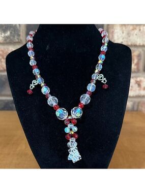 Vintage 50’s crystal Aurora Borealis and Red Glass Beaded Necklace